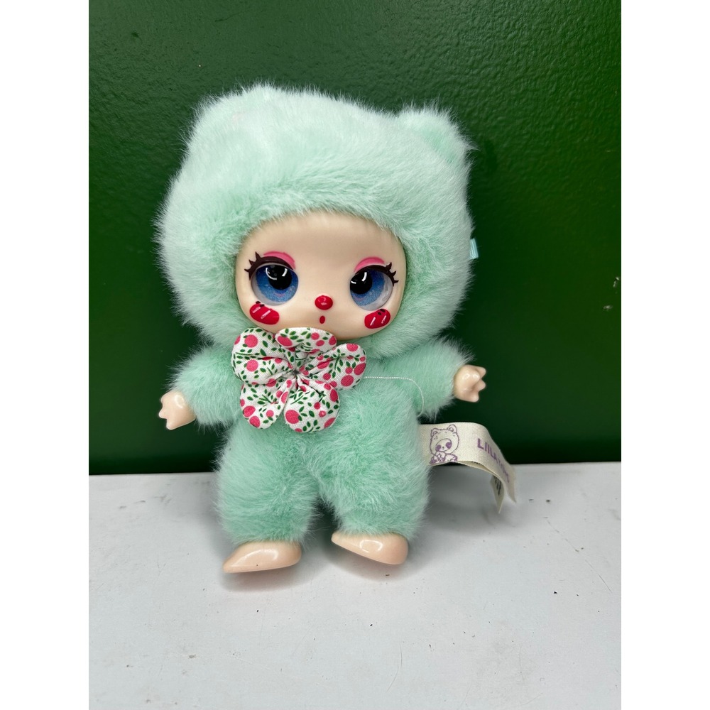 Liila Toys Mint Green Fuzzy Bear Vinyl Face Plush Doll Floral Bow Blue Eyes